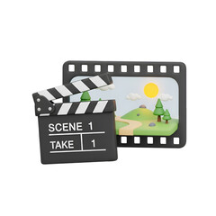 Fototapeta premium Black and white clapperboard with scene 1 take 1 and strip with landscape