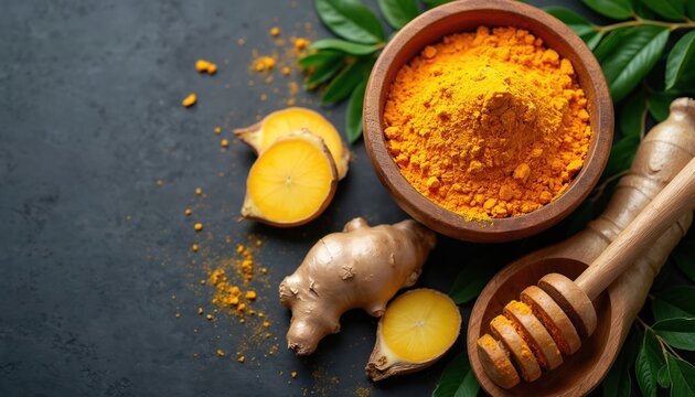 Bright turmeric powder in bowl with ginger root sliced, leaves and honey dipper on dark surface. Natural ingredients for health, wellness, and culinary uses.
