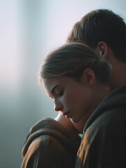 Embracing Serenity: A tender moment of closeness, where two individuals find solace and connection, enveloped in a soft, atmospheric embrace.