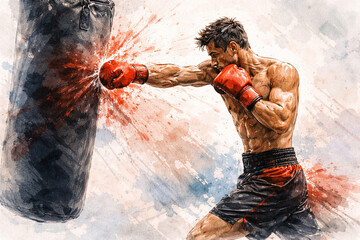 Combat Sports Training Boxer Hitting Punching Bag Illustration