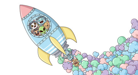 Cute cartoon rocket ship blasting off with alien and animal passengers, leaving colorful cloud trail