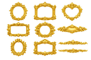 Obraz premium Golden baroque and rococo frames collection with classic ornamental borders, vintage heart shape and oval mirror elements