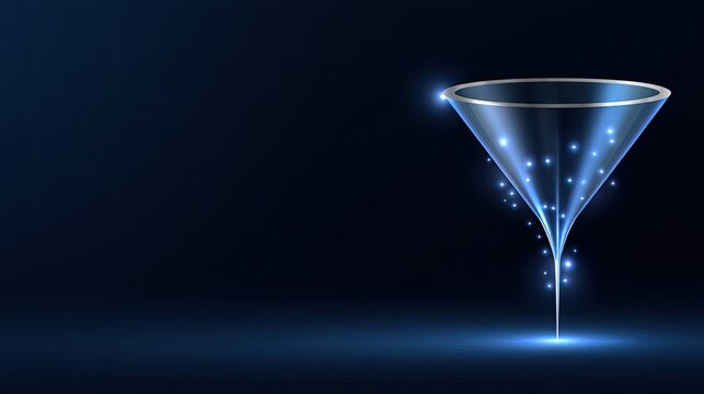 Abstract futuristic funnel with glowing particles on dark blue background symbolizing data flow, ideas, creativity, and innovation in a digital age