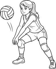 Girl playing volleyball vector illustration, female athlete hitting ball, active sport pose, competitive game movement, cartoon character in action, black and white outline © Rebeka
