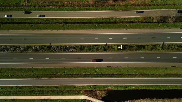 Top down aerial view of a highway in Belgium - Zoom in effect