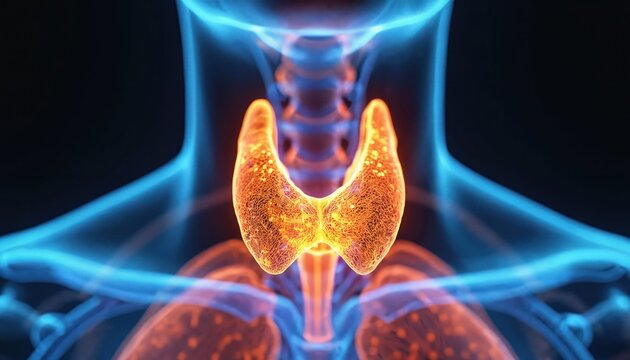Glowing detailed illustration of human neck showing thyroid gland. Close up on orange butterfly shape organ with blue skeletal structure overlay. Medical science graphic.