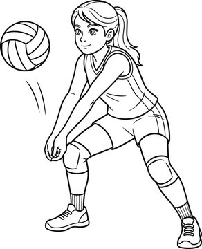 Girl playing volleyball vector illustration, female athlete hitting ball, active sport pose, competitive game movement, cartoon character in action, black and white outline