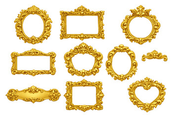 Obraz premium Golden baroque frames and vintage luxury borders collection, ornate classic royal elements with transparent background