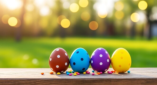 Easter eggs on wooden table with blurred background