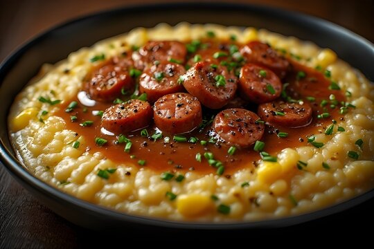 sausage and grits on a plate topped with brown gravy