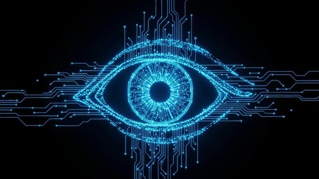 Glowing Digital Eye Composed Of Circuit Board Lines Is Centered Ai Surveillance With Dark Background To Illustrate Technology Data Vision Monitoring Capabilities It Suggests Cyber Se