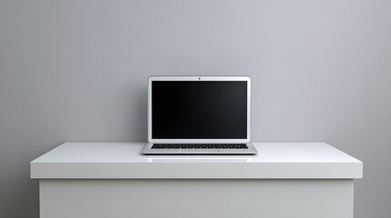 Minimalistic Workspace Feature with a Silver Laptop on a White Desk Against a Grey Wall in a Calm and Modern Setting