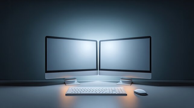 Dual Computer Monitors Displaying Empty Screens in a Modern Workspace with Soft Ambient Lighting and Minimalist Design Aesthetic