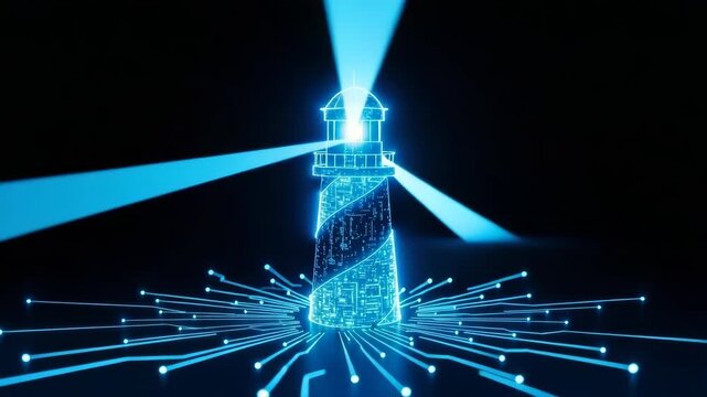 Glowing Digital Lighthouse With Data Streams Shining Bright In The Darkness Guidance Protection Security For Technology Network Cybersecurity Illustrations