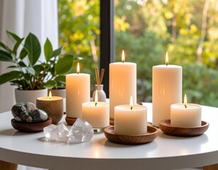 A collection of candles and decorative objects on a white table near a window, bathed in warm light.  Soft focus on the background of greenery outside