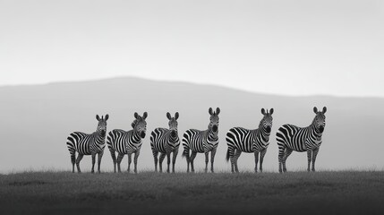 Naklejka premium A Group of Zebras in Monochrome on a Hilltop with Soft Background, Capturing the Beauty of Wildlife in a Minimalist Style