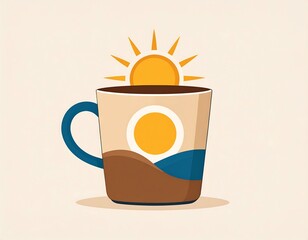 A coffee mug, sun, and landscape design.  A stylized coffee mug,  featuring a sun rising above a filled mug, with a decorative landscape design on the mug's exterior.  Warm colors and simple shapes