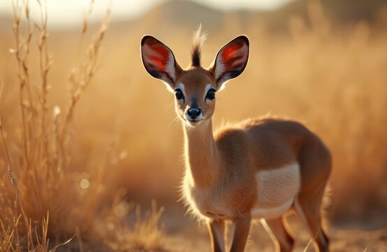 Small dik dik antelope stands in dry grass field during golden hour. Tiny mammal with big ears looks forward attentively in African savanna during sunset.