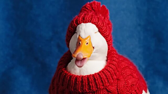 Funny Duck Wearing Red Knitted Sweater and Hat.