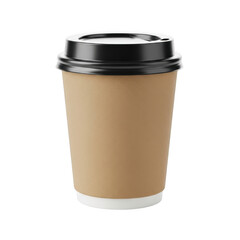 A brown paper coffee cup with a black lid