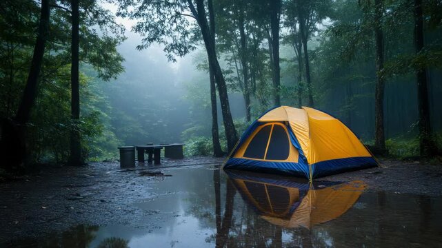 A yellow and blue tent reflected in a puddle in the rain forest. Trees surround the campsite