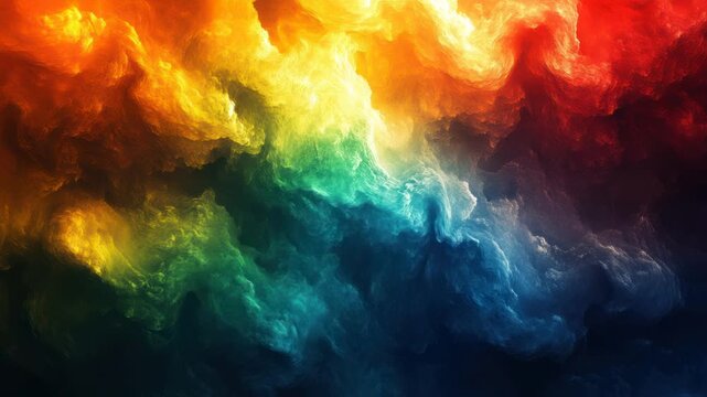 A vibrant abstract composition features flowing layers of color, a gradient of fiery hues to calming blues