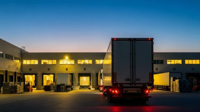 Large Semi-truck Reversing Into Loading Dock At Large Warehouse At Dusk With Lights On Work Happening For Logistics Supply Chain Concepts