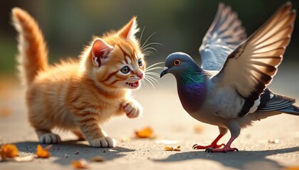 Obraz premium Orange kitten playfully swats at pigeon in outdoor setting. Tiny cat and bird interact on paved path with fallen leaves. A cute scene of wild animals meeting in daylight.