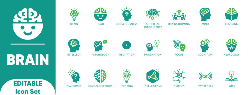 Brain editable solid icon set.Containing mind,cognition,head,brainstorming,neuron,thinking,and vector

