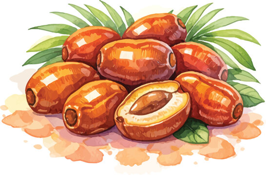 Orange Rutab Dates Whole and Halved Watercolor Illustration
