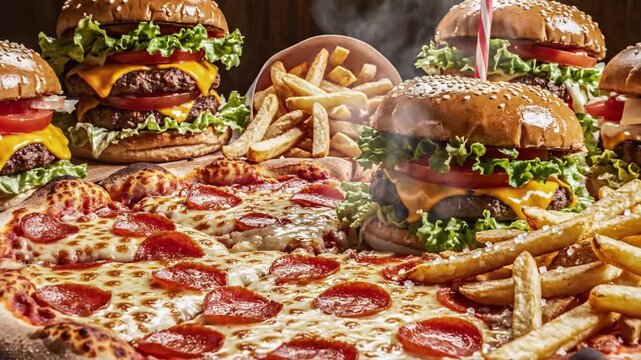 Junk Food Feast Pizza Burgers Fries Soda.