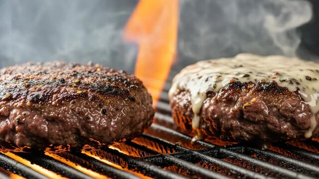 Close-up Of Two Grilled Meat Patties One Topped With Melted Cheese On Grill Flames Smoke Rise In The Background For Restaurant Menus Food Blogs