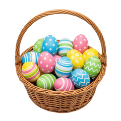 A brown wicker basket filled with colorful easter eggs