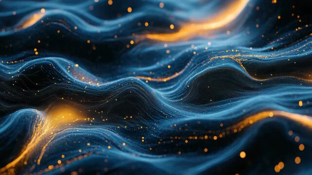 A detailed abstract image with flowing blue and gold lines. Many tiny dots add to the feel