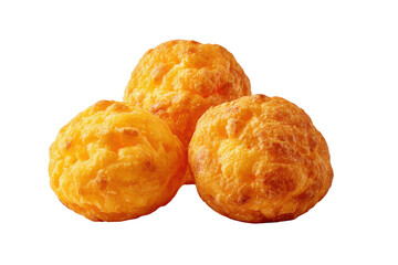 Three golden brown cheese puffs on black background snack food, Png, Isolated on Transparent Background, Cut Out