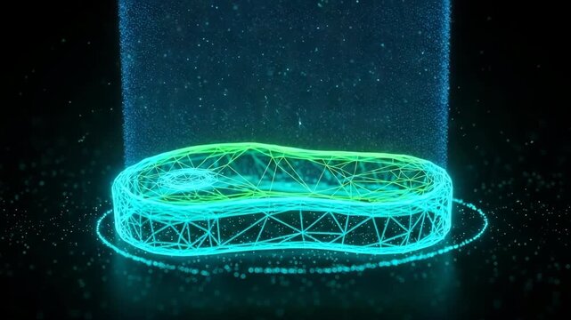 Neon Abstract Graphic Of Steak Rendered In 3d Wireframe Glowing On Dark Blue Background With Bokeh Effects Advanced Food Technology Concepts Showcasing Futuristic Food Innovation