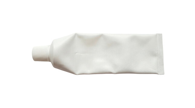 Empty white aluminum tube with cap, squeezed and crumpled, blank label for branding, isolated on white