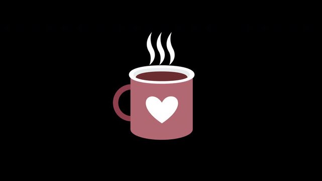 A cup of coffee with a heart-shaped foam design in the middle concept icon animation with alpha channel