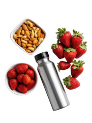 Fresh strawberries and almonds in bowls with metal water bottle on black strawberry fruit, Png, Isolated on Transparent Background, Cut Out