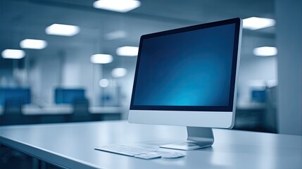 Naklejka premium Modern desktop computer workstation with empty screen in a contemporary office setting, ideal for tech or business-related content