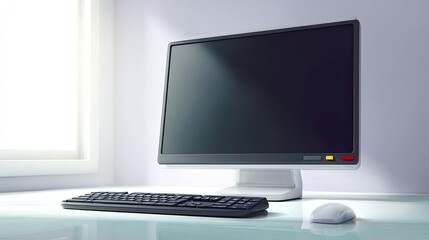 Fototapeta premium Minimalist Workspace with Modern Computer Setup Featuring a Blank Screen, Wireless Keyboard, and Mouse by Soft Natural Light from Window