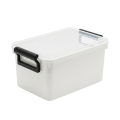 A white plastic storage bin with black handles
