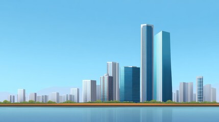 Fototapeta premium Modern city skyline with futuristic buildings and a clear blue sky reflecting on a calm water surface in a vibrant urban landscape