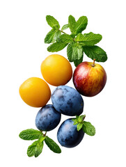 Assorted Plums Yellow Plums Red Apple and Mint Leaves on Black fruit, Png, Isolated on Transparent Background, Cut Out