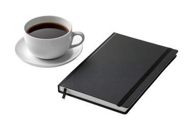 White coffee cup with dark liquid on saucer next to black notebook image, Png, Isolated on Transparent Background, Cut Out