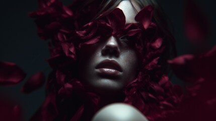 Valentine's Day Concept of a Beautiful Woman Portrait with Red Rose petals background.