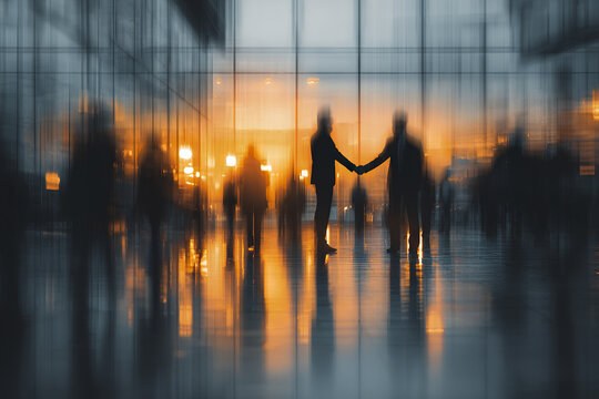 Abstract business background with blurred people walking handshaking in modern office lobby with warm sunset light creating reflective floor and glass wall effect
