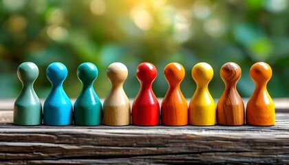 Fototapeta premium Colorful game pieces are arranged on a wooden surface outdoors.