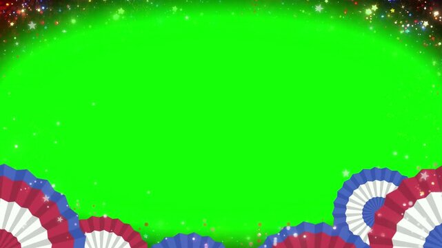Festive patriotic celebration background frame featuring bright golden fireworks and vibrant red white and blue paper fans over green screen
