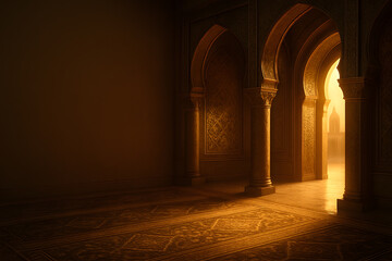 Fototapeta premium A serene and peaceful hallway arches and columns in a warm golden light